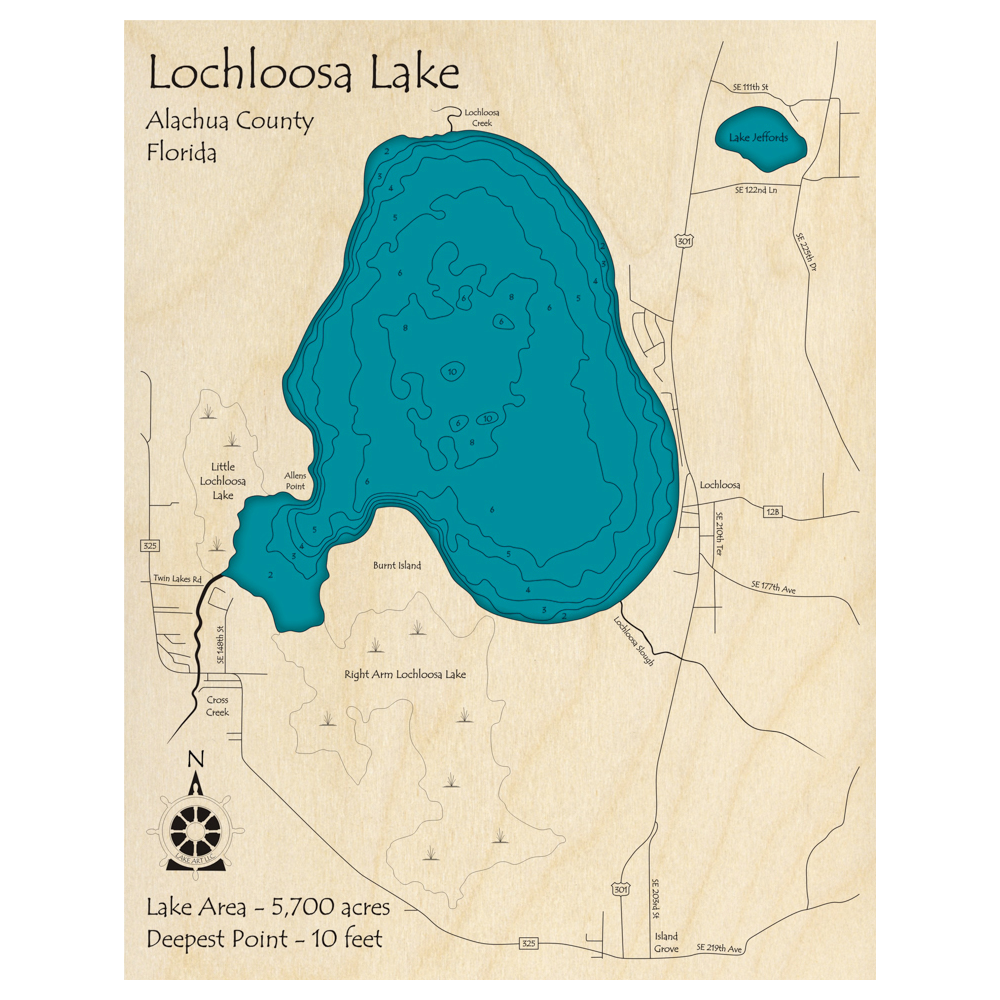 Bathymetric topo map of Lochloosa Lake, FL with roads, towns and depths noted in blue water.