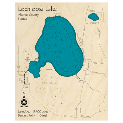 Bathymetric topo map of Lochloosa Lake, FL with roads, towns and depths noted in blue water.