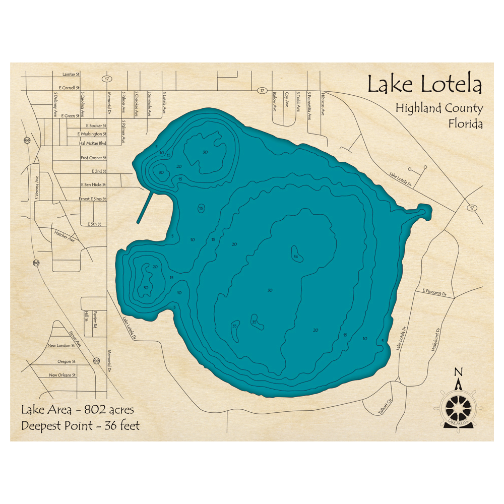 Bathymetric topo map of Lake Lotela, FL with roads, towns and depths noted in blue water.