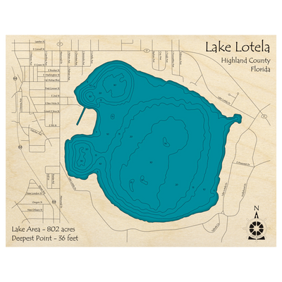 Bathymetric topo map of Lake Lotela, FL with roads, towns and depths noted in blue water.