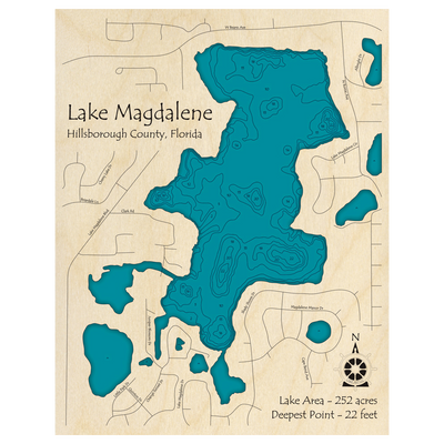 Bathymetric topo map of Lake Magdalene, FL with roads, towns and depths noted in blue water.