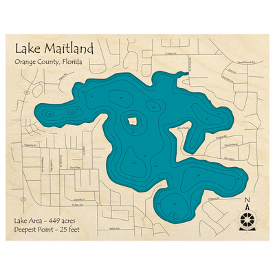 Bathymetric topo map of Lake Maitland, FL with roads, towns and depths noted in blue water.