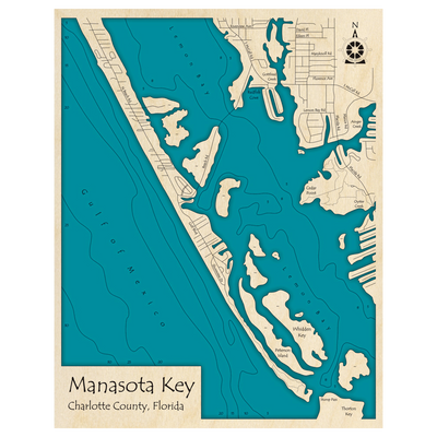 Bathymetric topo map of Southern Manasota Key and Lemon Bay, FL with roads, towns and depths noted in blue water.