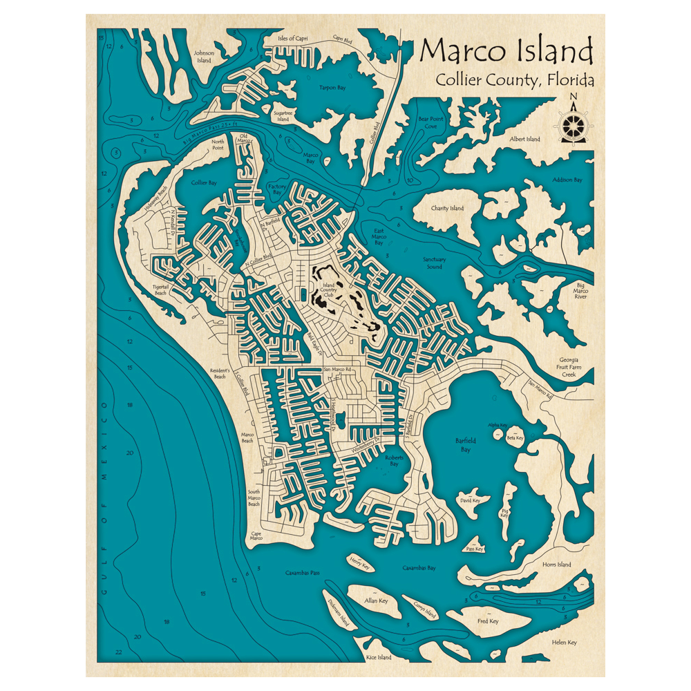 Bathymetric topo map of Marco Island, FL with roads, towns and depths noted in blue water.