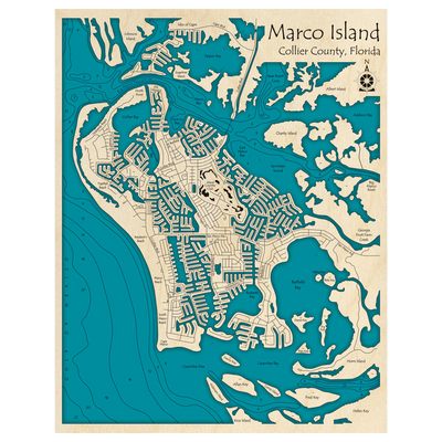 Bathymetric topo map of Marco Island, FL with roads, towns and depths noted in blue water.