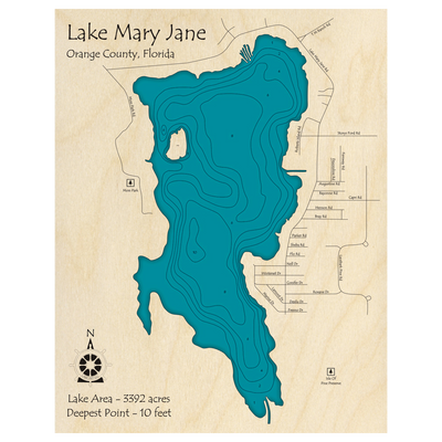 Bathymetric topo map of Lake Mary Jane, FL with roads, towns and depths noted in blue water.