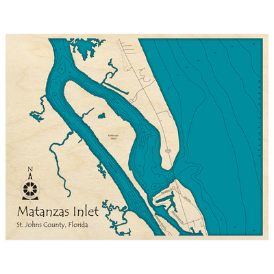 Bathymetric topo map of Matanzas Inlet, FL with roads, towns and depths noted in blue water.