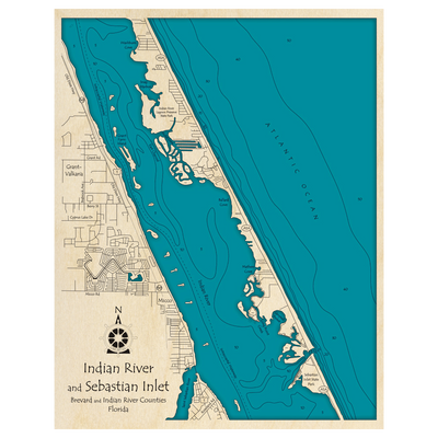 Bathymetric topo map of Indian River and Sebastian Inlet, FL with roads, towns and depths noted in blue water.