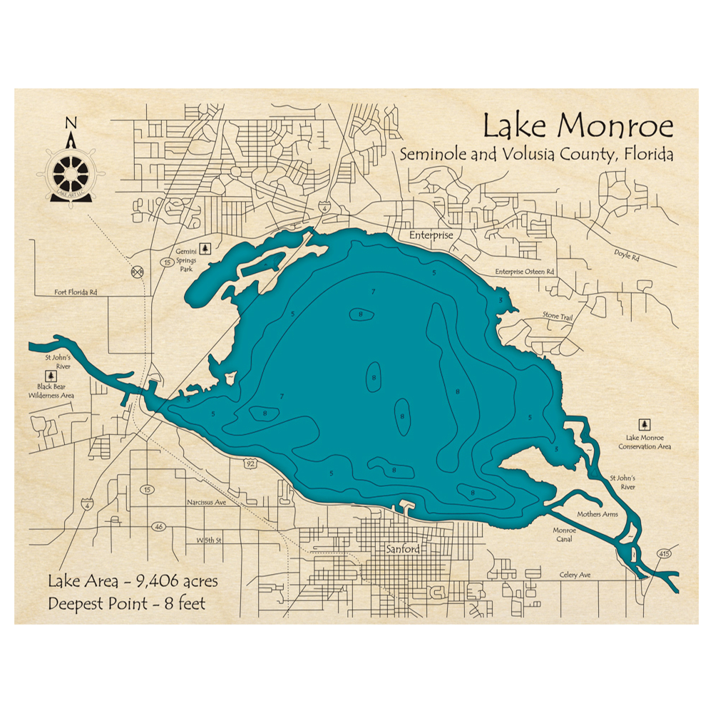 Bathymetric topo map of Lake Monroe, FL with roads, towns and depths noted in blue water.