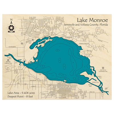 Bathymetric topo map of Lake Monroe, FL with roads, towns and depths noted in blue water.