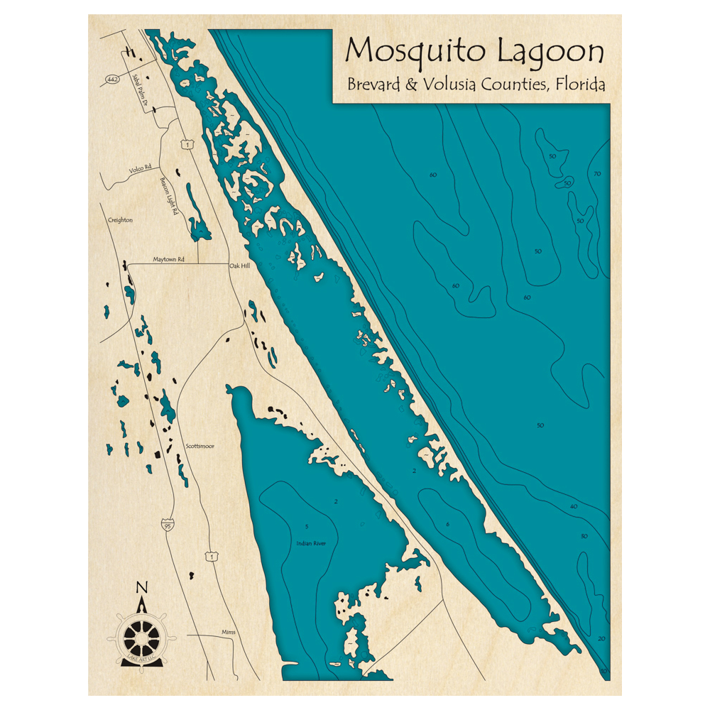 Bathymetric topo map of Mosquito Lagoon, FL with roads, towns and depths noted in blue water.