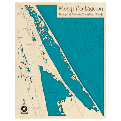 Bathymetric topo map of Mosquito Lagoon, FL with roads, towns and depths noted in blue water.