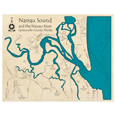 Bathymetric topo map of Nassau Sound and the Nassau River, FL with roads, towns and depths noted in blue water.