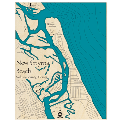Bathymetric topo map of New Smyrna Beach, FL with roads, towns and depths noted in blue water.