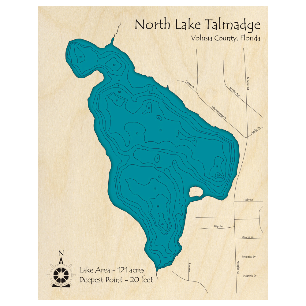 Bathymetric topo map of North Lake Talmadge, FL with roads, towns and depths noted in blue water.