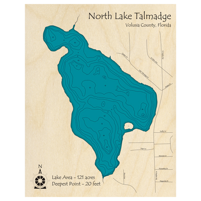 Bathymetric topo map of North Lake Talmadge, FL with roads, towns and depths noted in blue water.