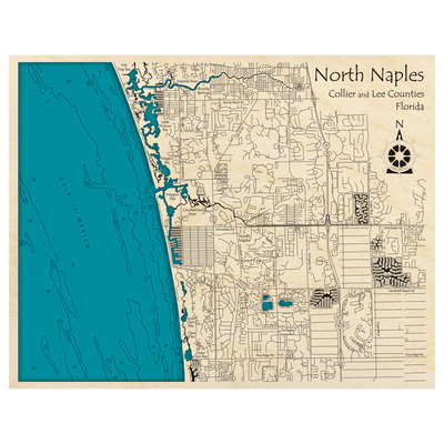 Bathymetric topo map of North Naples, FL with roads, towns and depths noted in blue water.