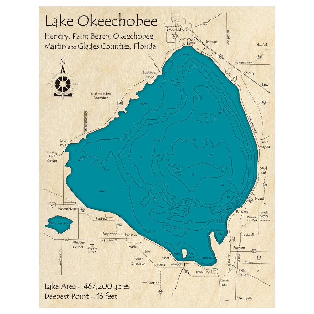 Bathymetric topo map of Lake Okeechobee, FL with roads, towns and depths noted in blue water.