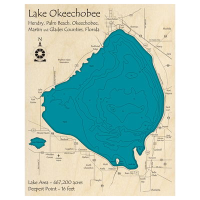 Bathymetric topo map of Lake Okeechobee, FL with roads, towns and depths noted in blue water.