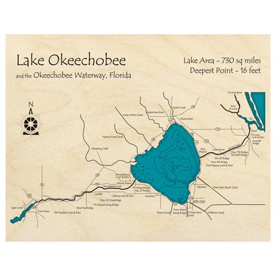 Bathymetric topo map of Lake Okeechobee Waterway, FL with roads, towns and depths noted in blue water.
