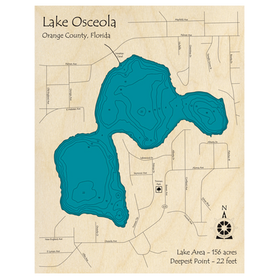 Bathymetric topo map of Lake Osceola, FL with roads, towns and depths noted in blue water.