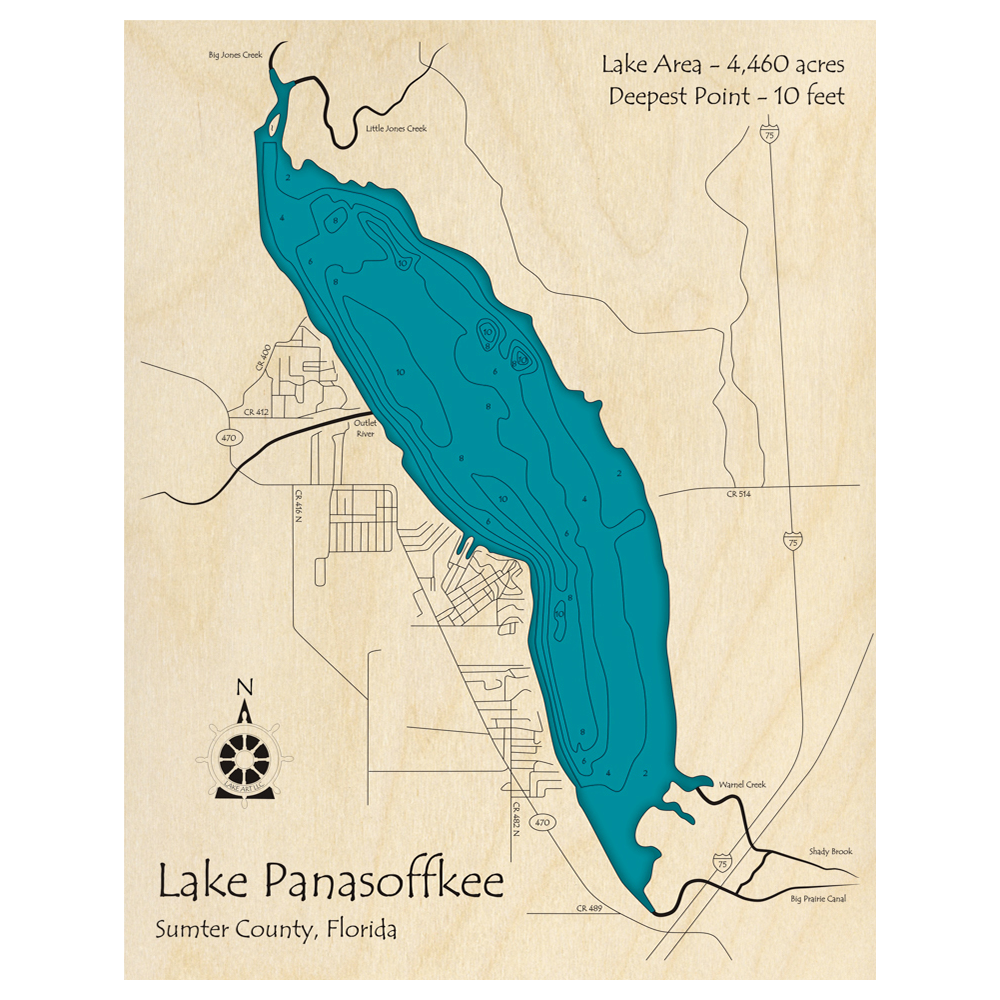 Bathymetric topo map of Lake Panasoffkee, FL with roads, towns and depths noted in blue water.