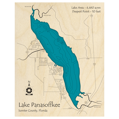 Bathymetric topo map of Lake Panasoffkee, FL with roads, towns and depths noted in blue water.