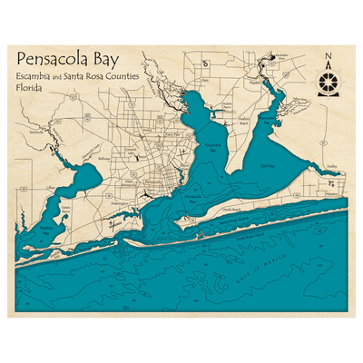 Bathymetric topo map of Pensacola Bay, FL with roads, towns and depths noted in blue water.