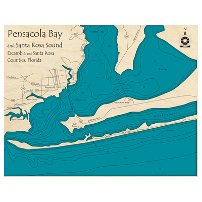 Bathymetric topo map of Pensacola Bay and Santa Rosa Sound, FL with roads, towns and depths noted in blue water.