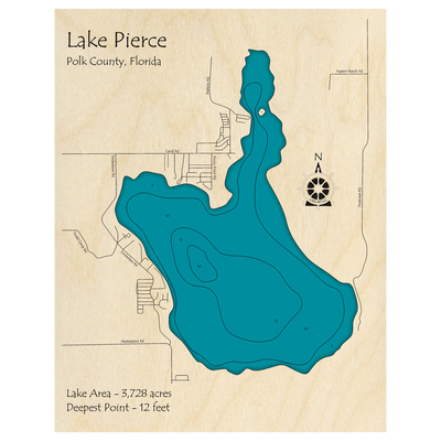 Bathymetric topo map of Lake Pierce, FL with roads, towns and depths noted in blue water.