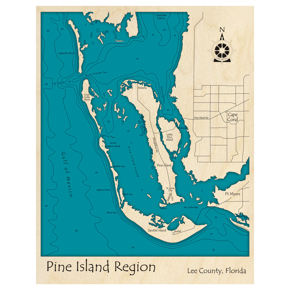 Bathymetric topo map of Pine Island Region, FL with roads, towns and depths noted in blue water.