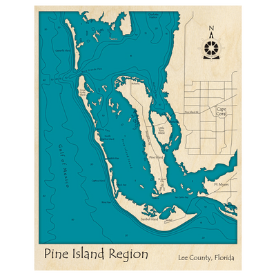 Bathymetric topo map of Pine Island Region, FL with roads, towns and depths noted in blue water.