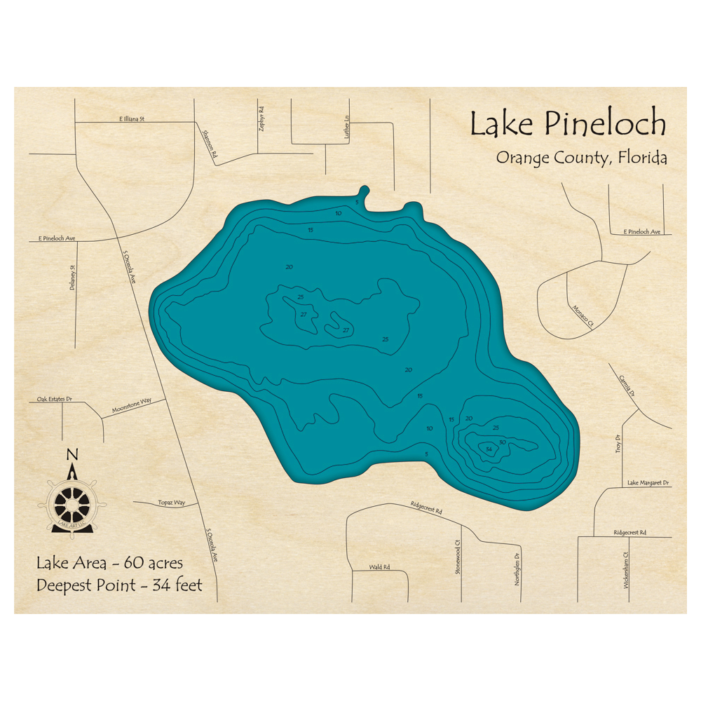 Bathymetric topo map of Lake Pineloch, FL with roads, towns and depths noted in blue water.