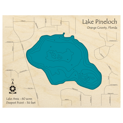 Bathymetric topo map of Lake Pineloch, FL with roads, towns and depths noted in blue water.