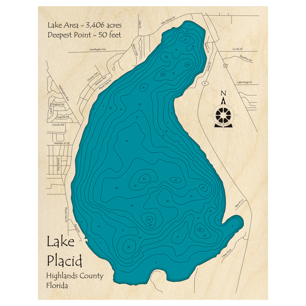 Bathymetric topo map of Lake Placid, FL with roads, towns and depths noted in blue water.