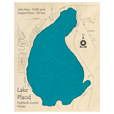 Bathymetric topo map of Lake Placid, FL with roads, towns and depths noted in blue water.