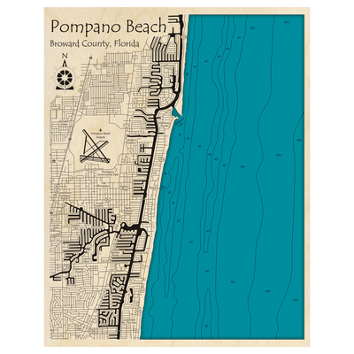 Bathymetric topo map of Pompano Beach, FL with roads, towns and depths noted in blue water.