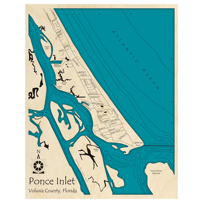 Bathymetric topo map of Ponce Inlet, FL with roads, towns and depths noted in blue water.