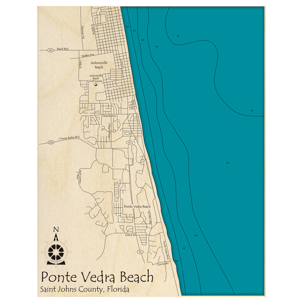 Bathymetric topo map of Ponte Vedra Beach, FL with roads, towns and depths noted in blue water.