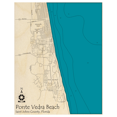 Bathymetric topo map of Ponte Vedra Beach, FL with roads, towns and depths noted in blue water.