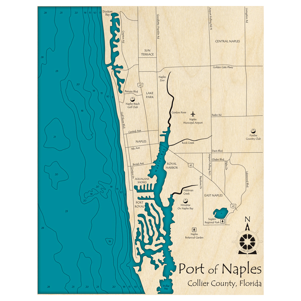 Bathymetric topo map of Port of Naples, FL with roads, towns and depths noted in blue water.