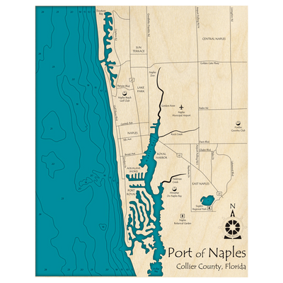 Bathymetric topo map of Port of Naples, FL with roads, towns and depths noted in blue water.