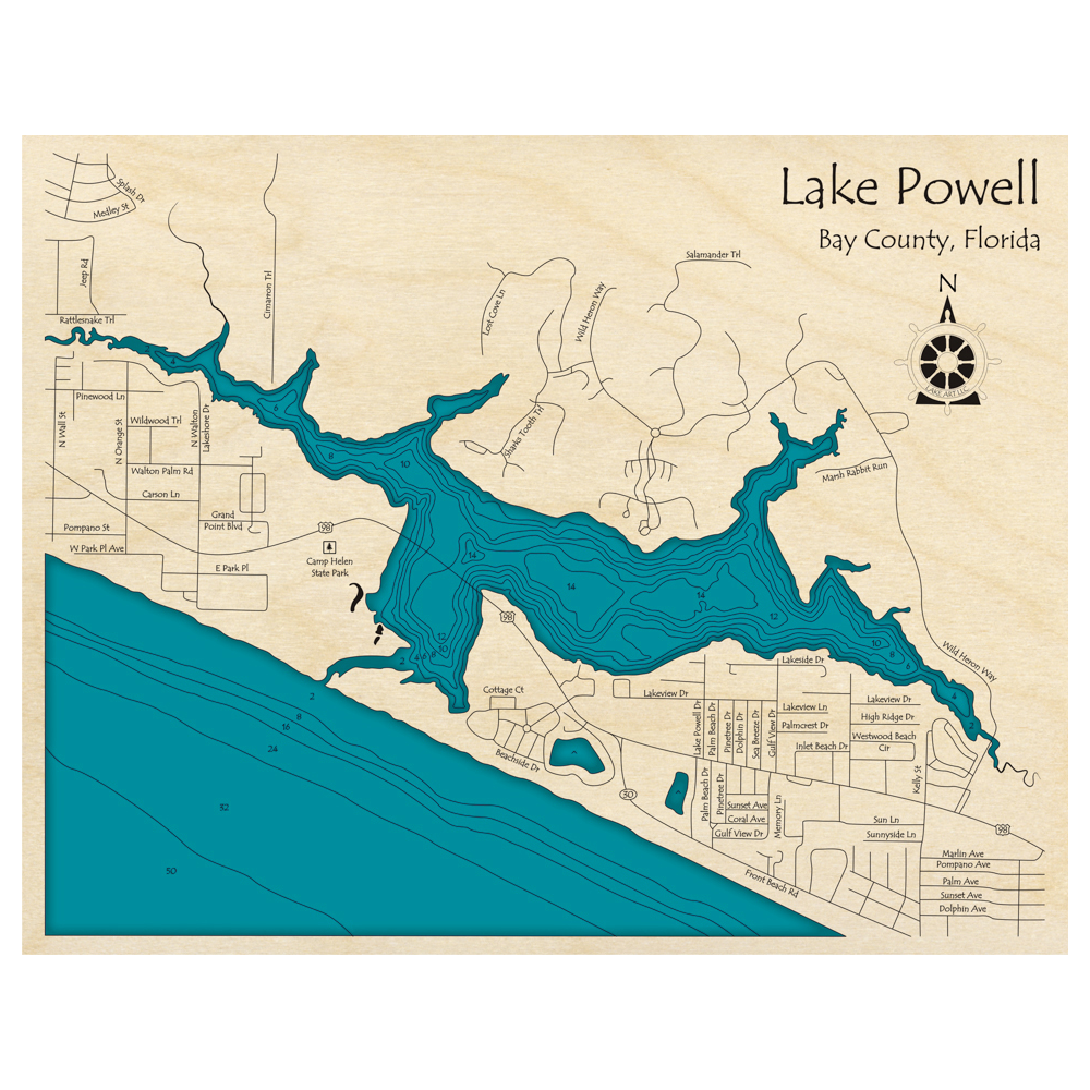 Bathymetric topo map of Lake Powell, FL with roads, towns and depths noted in blue water.