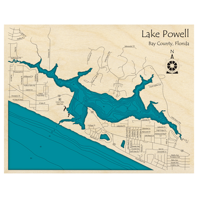 Bathymetric topo map of Lake Powell, FL with roads, towns and depths noted in blue water.