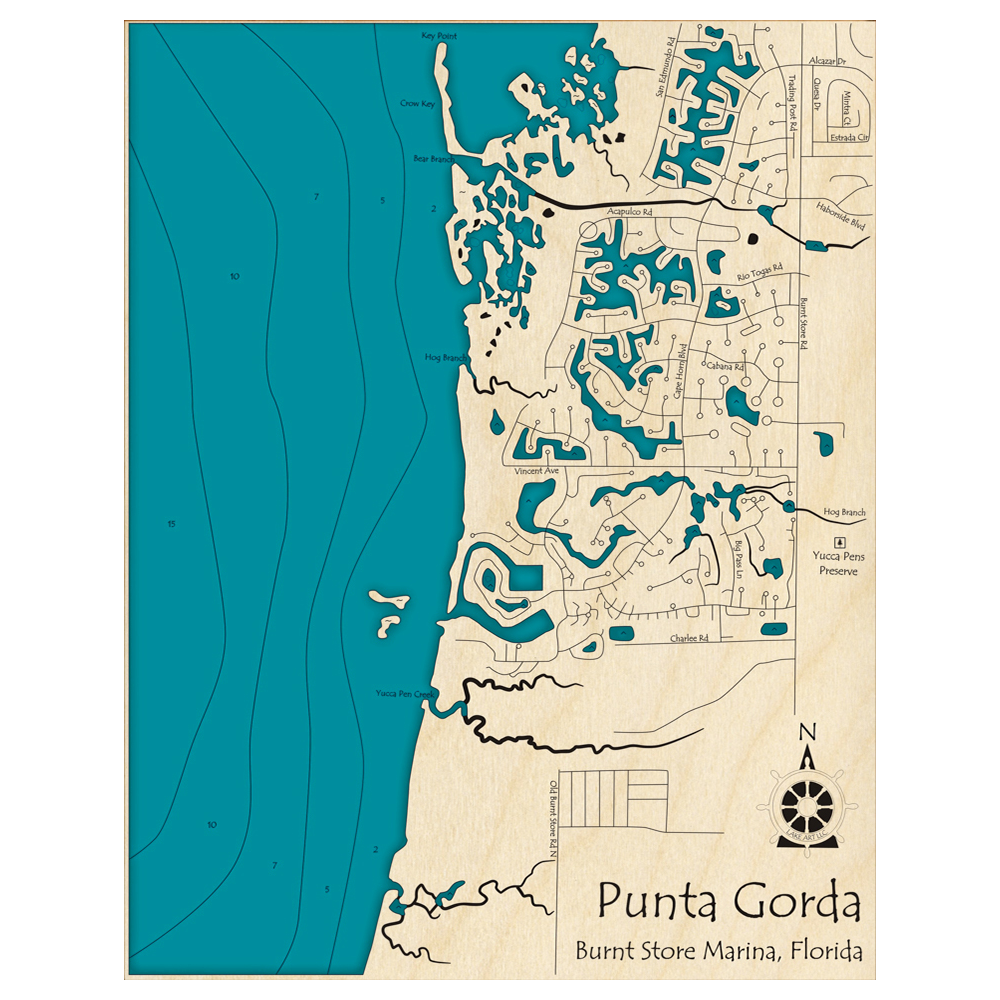 Bathymetric topo map of Punta Gorda, FL with roads, towns and depths noted in blue water.
