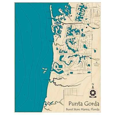 Bathymetric topo map of Punta Gorda, FL with roads, towns and depths noted in blue water.
