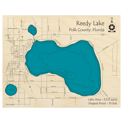Bathymetric topo map of Reedy Lake, FL with roads, towns and depths noted in blue water.
