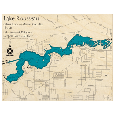 Bathymetric topo map of Lake Rousseau, FL with roads, towns and depths noted in blue water.