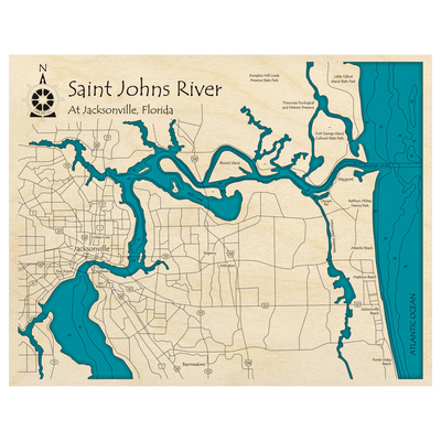 Bathymetric topo map of Saint Johns River, FL with roads, towns and depths noted in blue water.