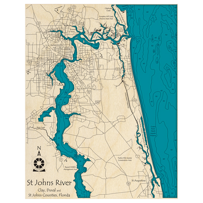 Bathymetric topo map of St Johns River, FL with roads, towns and depths noted in blue water.